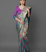 Turquoise woven cotton silk saree with blouse