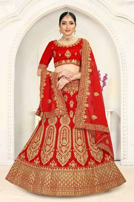 Red Embroidered Satin Semi Stitched Lehenga 1