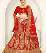 Red Embroidered Satin Semi Stitched Lehenga