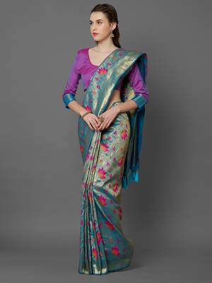 Turquoise woven cotton silk saree with blouse 3