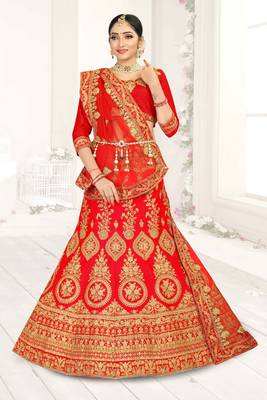 Red Embroidered Satin Semi Stitched Lehenga 1