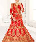 Red Embroidered Satin Semi Stitched Lehenga