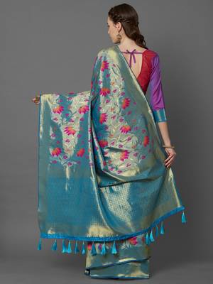 Turquoise woven cotton silk saree with blouse 4