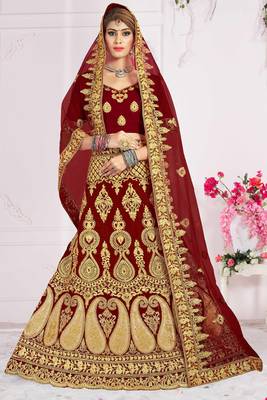 Maroon Embroidered Velvet Semi Stitched Lehenga 1