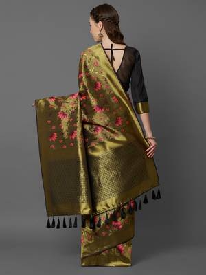Black woven cotton silk saree with blouse 4