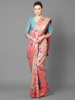 Pink woven cotton silk saree with blouse 2