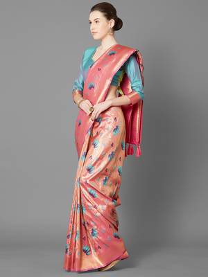 Pink woven cotton silk saree with blouse 3