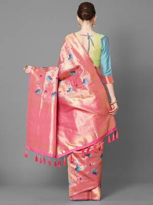 Pink woven cotton silk saree with blouse 4
