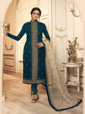 Royal-blue embroidered faux georgette salwar 2