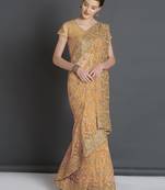 Beige woven cotton silk saree with blouse