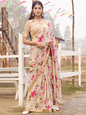 Beige printed georgette saree with blouse 2