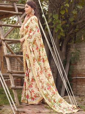 Beige printed georgette saree with blouse 2