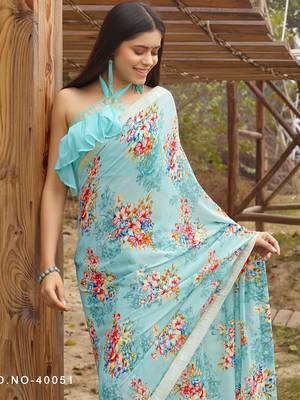 Sky blue printed georgette saree with blouse 1