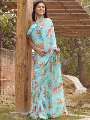 Sky blue printed georgette saree with blouse 2