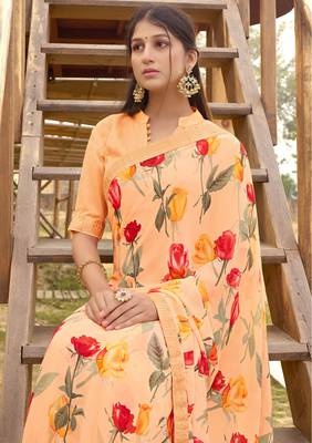 Light orange printed georgette saree with blouse 2