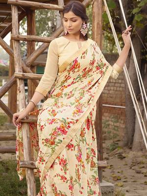 Beige printed georgette saree with blouse 1