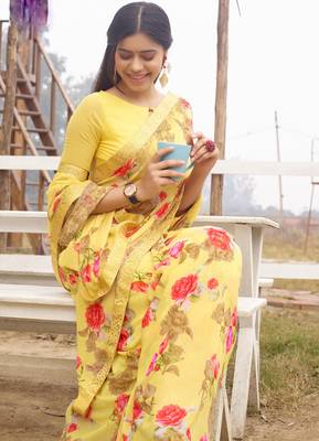 Yellow printed georgette saree with blouse 2
