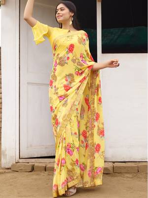 Yellow printed georgette saree with blouse 1