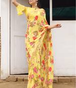 Yellow printed georgette saree with blouse