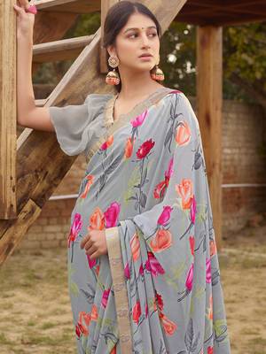 Grey printed georgette saree with blouse 2