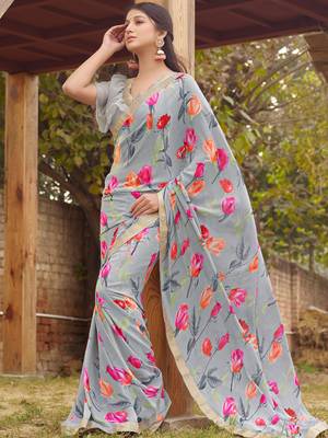 Grey printed georgette saree with blouse 1