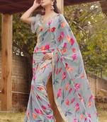 Grey printed georgette saree with blouse
