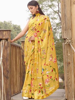 Yellow printed georgette saree with blouse 1