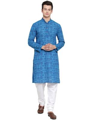 Blue printed blended cotton kurta-pajama 1