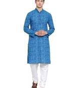 Blue printed blended cotton kurta-pajama