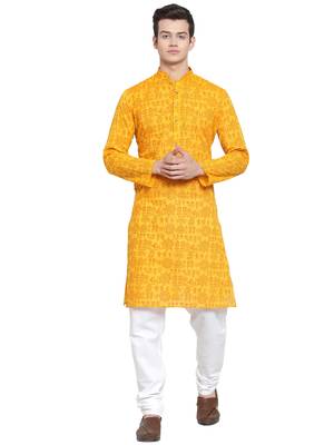Yellow printed blended cotton kurta-pajama 1