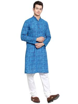Blue printed blended cotton kurta-pajama 2
