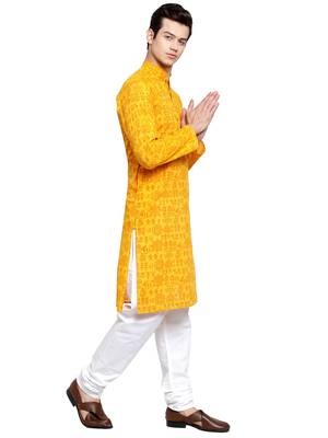Yellow printed blended cotton kurta-pajama 2
