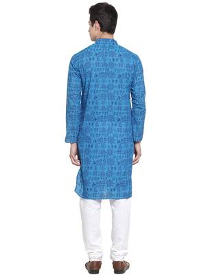 Blue printed blended cotton kurta-pajama 3