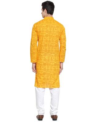 Yellow printed blended cotton kurta-pajama 3