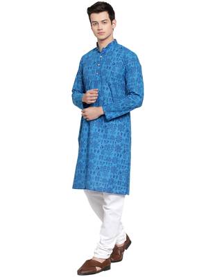 Blue printed blended cotton kurta-pajama 4