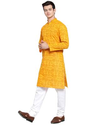 Yellow printed blended cotton kurta-pajama 4
