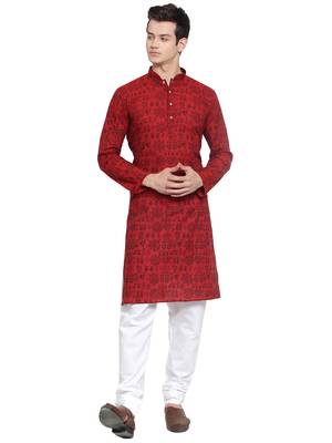 Maroon printed blended cotton kurta-pajama 1