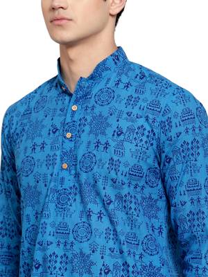 Blue printed blended cotton kurta-pajama 5