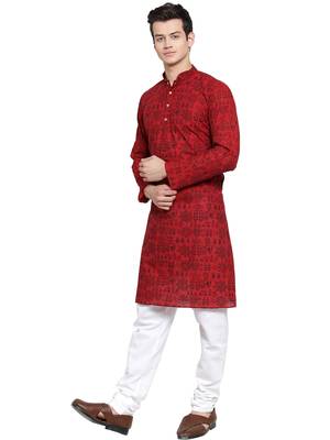 Maroon printed blended cotton kurta-pajama 4