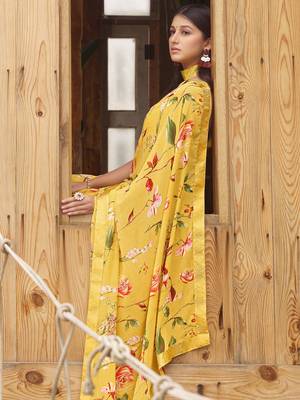 Yellow printed georgette saree with blouse 2