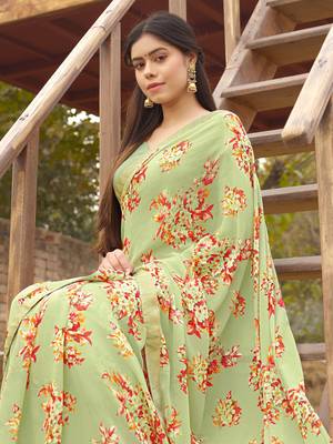 Green printed georgette saree with blouse 1