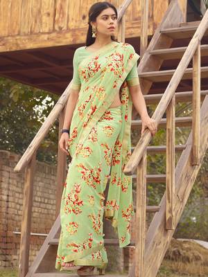 Green printed georgette saree with blouse 2