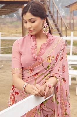 Light pink printed georgette saree with blouse 2
