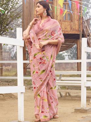 Light pink printed georgette saree with blouse 1