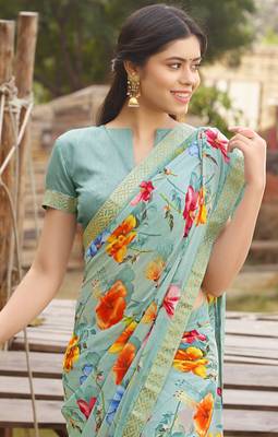 Light green printed georgette saree with blouse 2