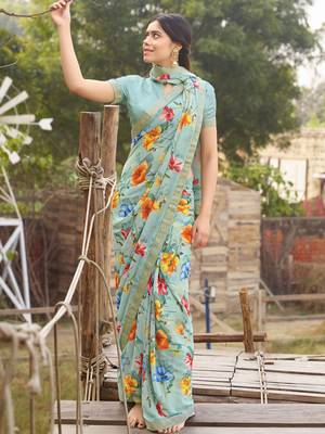 Light green printed georgette saree with blouse 1