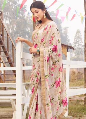 Beige printed georgette saree with blouse 1