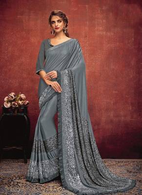 Grey embroidered lycra saree with blouse 1