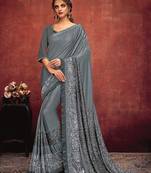 Grey embroidered lycra saree with blouse
