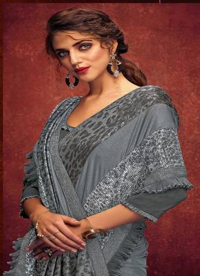 Grey embroidered lycra saree with blouse 2